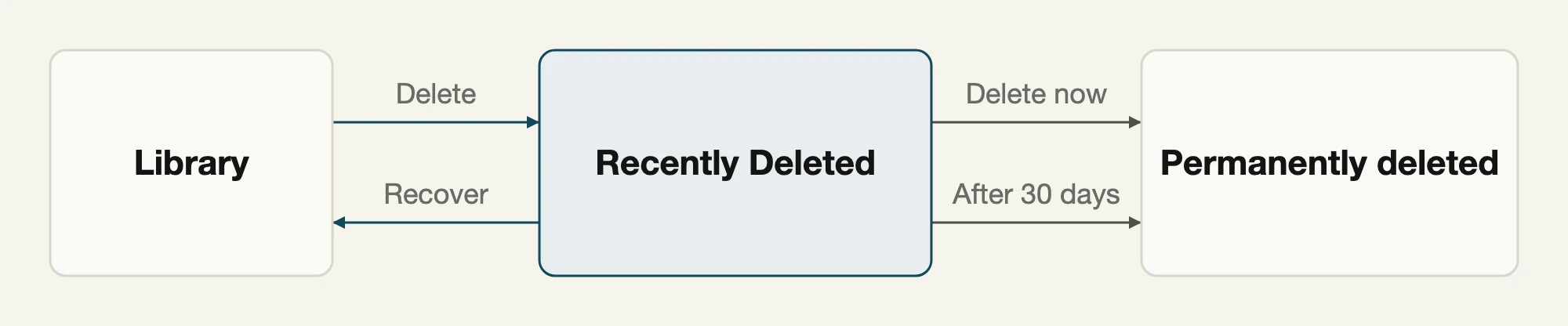 A photo leaves the library for Recently Deleted and can be recovered until it is deleted now or 30 days pass.