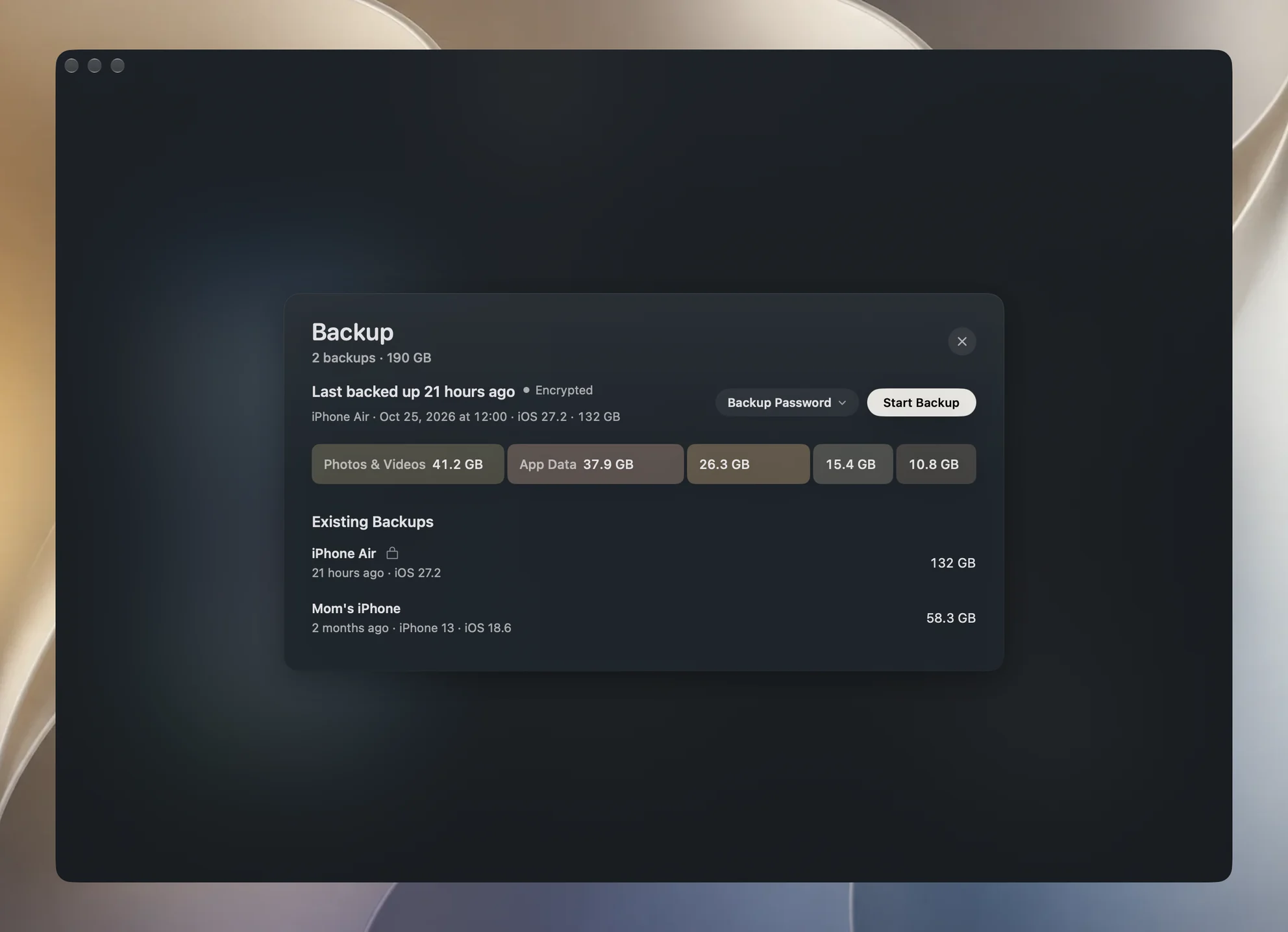 Yado Backups: this iPhone's encrypted backup and an older phone's, with their sizes and dates