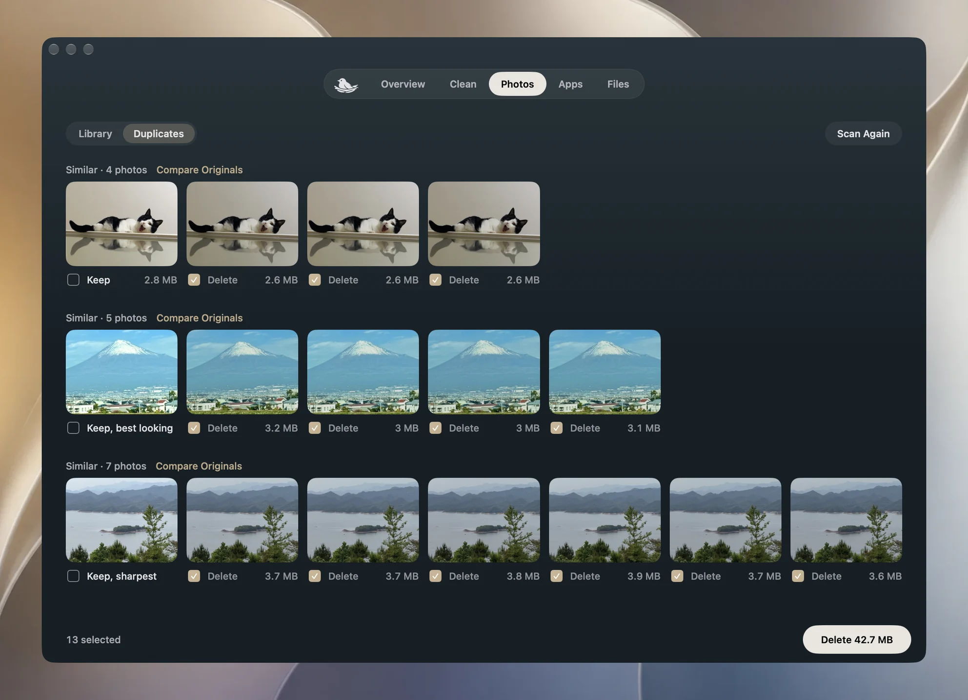 Yado Duplicates: similar photos in groups, the best of each kept and the rest ticked to delete